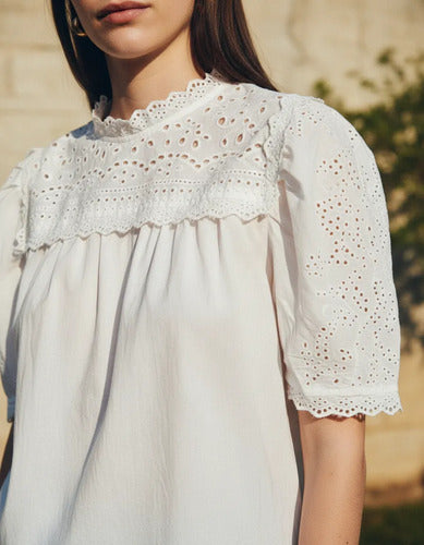 Blusa Con Cuello De Broderie Blanco Liso Xl