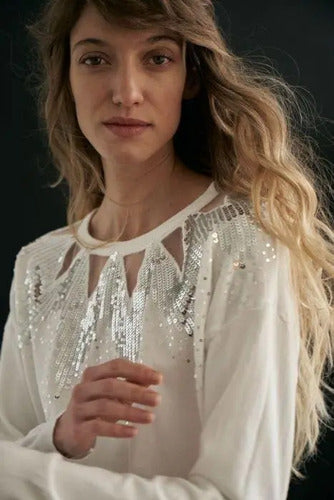Sweater Bordado Importado Lentejuelas Paillettes Blanco U