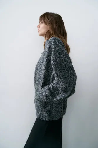 Campera Bomber De Bouclé Gris Oscuro Único Liso