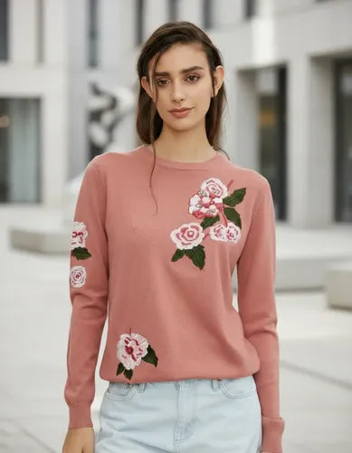 Sweater Tejido Importado Detalles  Strass Flores Negro U