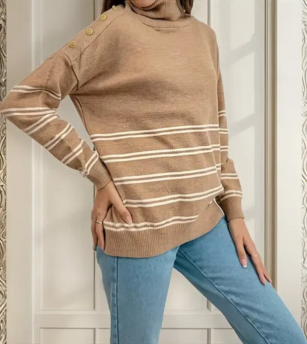 Sweater  Rayado Tejido Polera Amplio Marrón Claro Rayas Beige Rayas Único
