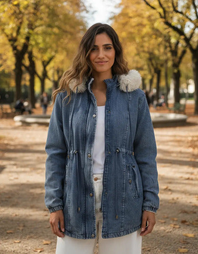 Campera De Abrigo De Jean Larga Con Piel Importada Azul Acero S Lisa