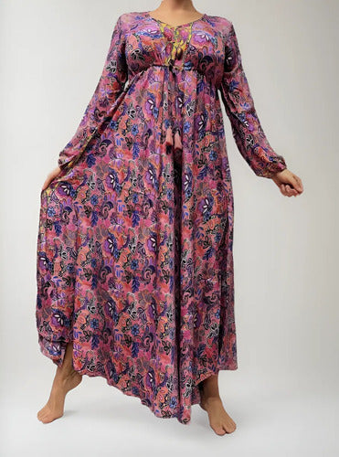 Vestido Largo Seda Hindú Manga Larga Rosa 2 Estampado Único