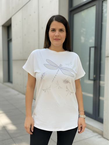 Remera  Modal Strass Importada  Blanco Libélula Xl Lisa