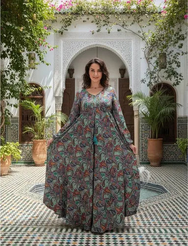 Vestido Boho Largo Manga Larga Seda Hindú Fiesta Verde Estampado Único