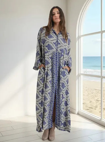 Vestido De Seda Hindú Largo Nuevo 2da Selección Gris Estampado Único