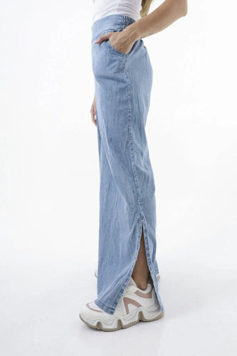 Pantalón Jean Amplio Palazzo Denim Celeste Liso S