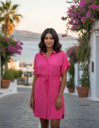 Vestido Camisero Corto Fucsia Liso 40