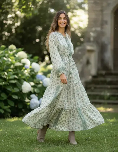 Vestido Largo De Seda Hindú Mod. 3 Crema Con Verde Estampado Único