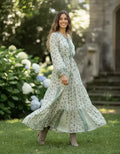 Vestido Largo De Seda Hindú Mod. 3 Crema Con Verde Estampado Único