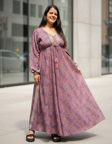 Vestido Largo Seda Hindú Manga Larga Naranja Estampado Único