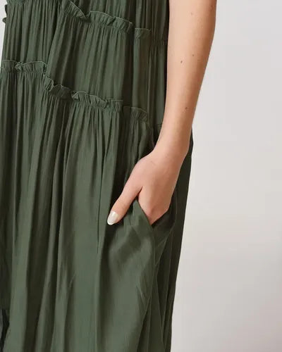 Vestido Solero Largo Simil Seda Verde Loro Lisa Único