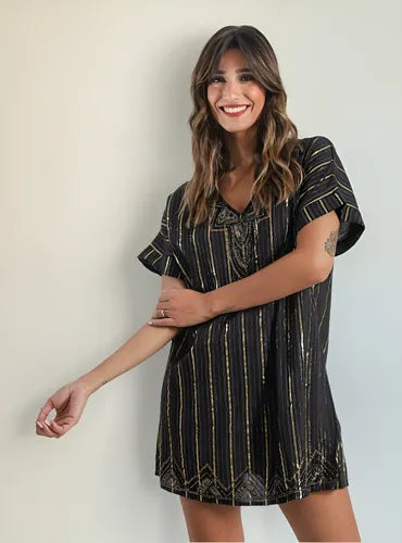 Vestido De Noche Fiesta De India Lurex Y Lentejuelas Negro Lineas Lurex Único