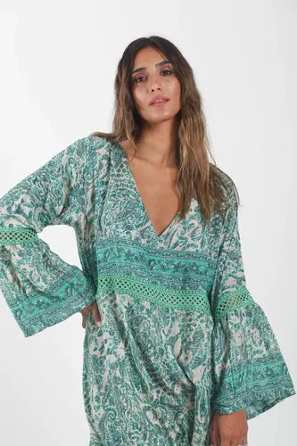 Vestido De Seda Hindú Y Puntilla Mangas Oxford Midi