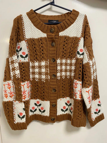 Saco Cárdigan Tejido Amplio Bordado Folk Boho