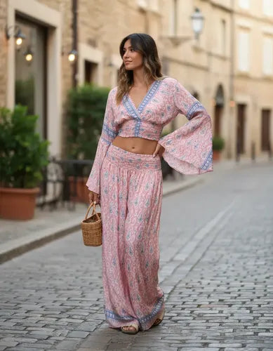 Palazzo De Seda Hindú Amplio Rosa Estampado Único