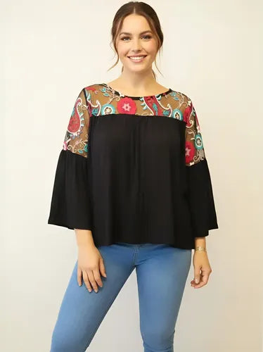 Remera Blusa Manga 3/4 Modal Y Tull Bordado Negro Bordado Único