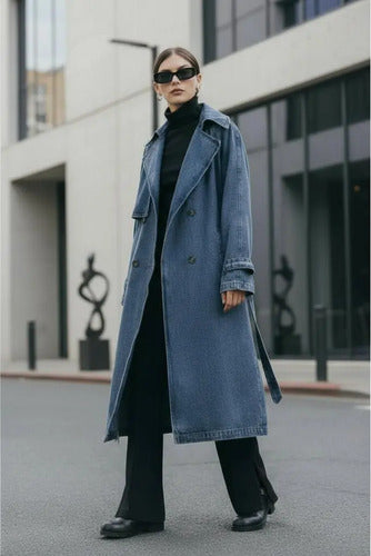 Trench Jean Tapado Denim Largo Sobretodo