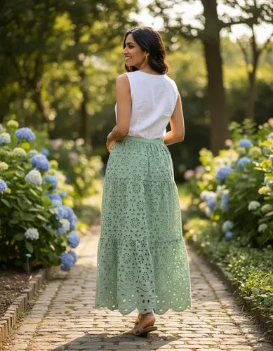 Pollera De Broderie Larga Verde Agua Liso Xl