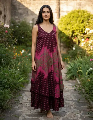 Vestido Hindú Talle Grande Doble Falda Nueva 2da Selección Bordó Estampado Único