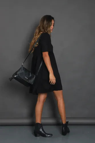 Vestido Negro Manga Corta De India Negro Lisa Único