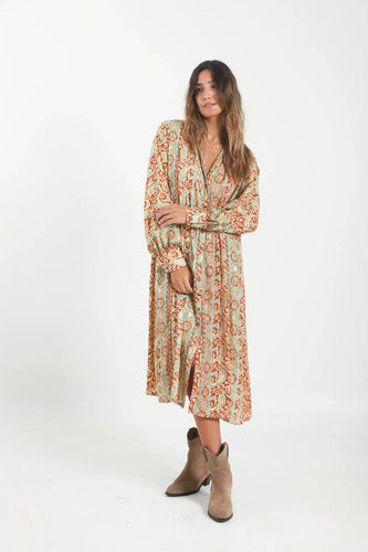 Vestido Camisero De Seda Hindú Con Dorado Modelo Amplio Marrón Estampado Único