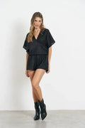 Conjunto Short + Blusa De Crepe Metalizado Noche Fiesta Negro Liso 42