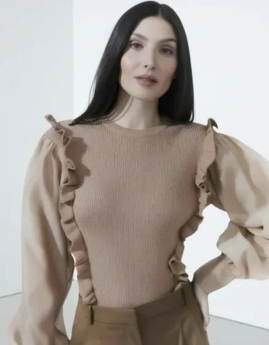 Sweater Tejido Importado Mangas De Gasa  Cod. 40 Marrón Claro Liso Único