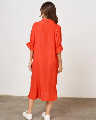 Vestido De Simil Seda Cuello Camisero Verde Liso Único