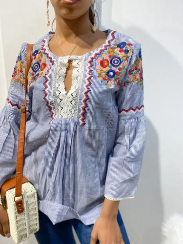 Camisa Blusa Bordada Boho Azul S