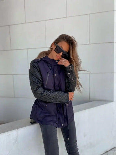 Campera De Gabardina Y Ecocuero + Chaleco Desmontable Azul Oscuro M Lisa