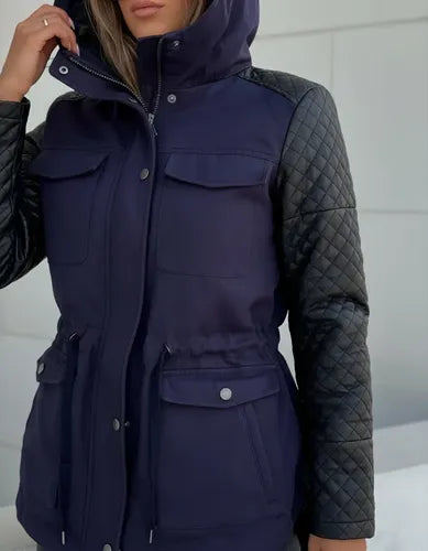 Campera De Gabardina Y Ecocuero + Chaleco Desmontable Azul Oscuro M Lisa