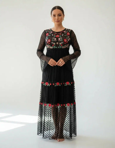 Vestido Boho Fiesta Bordado Tipo Vars Importado Negro Liso S/m