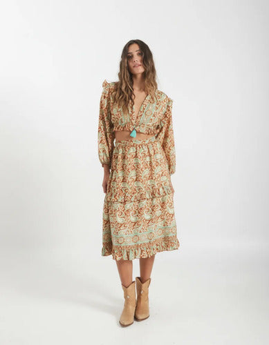 Pollera + Blusa De Seda Hindú (conjunto) Marrón Estampado Único