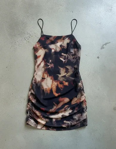 Vestido Al Cuero Fiesta Noche Estampado Arte Microtul Multicolor Estampado M