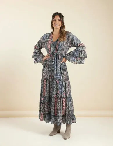 Vestido De Seda Hindú Largo Mangas Oxford Mod. 62 Gris Oscuro Estampado Único
