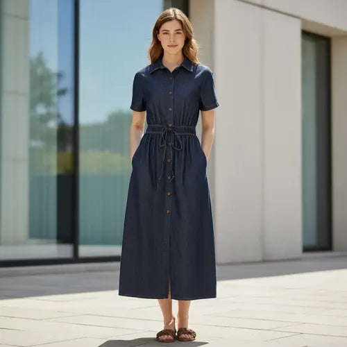 Vestido Jean Camisero Largo Manga Corta