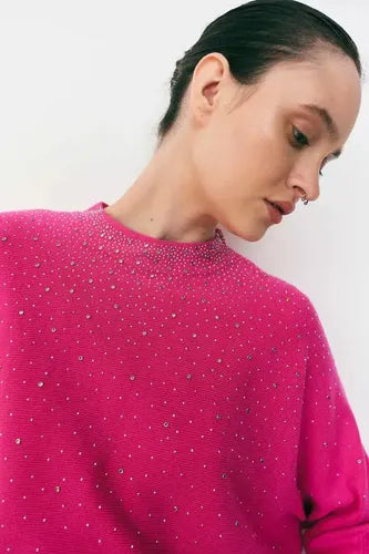 Sweater Importado Con Hotfix Fucsia Liso Único