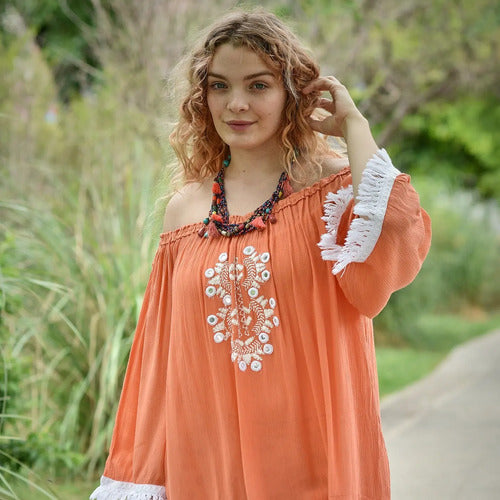 Vestido De Bambula Bordado Modelo Grande Naranja Bordado Único