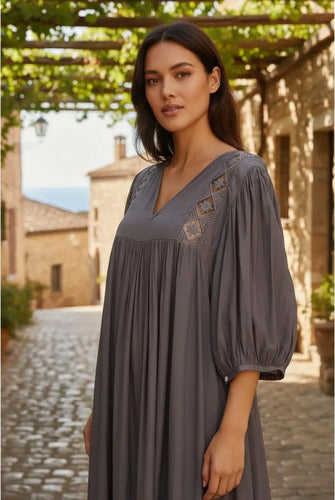 Vestido Largo Simil Seda Y Puntilla Modelo Amplio Verde Lisa Único