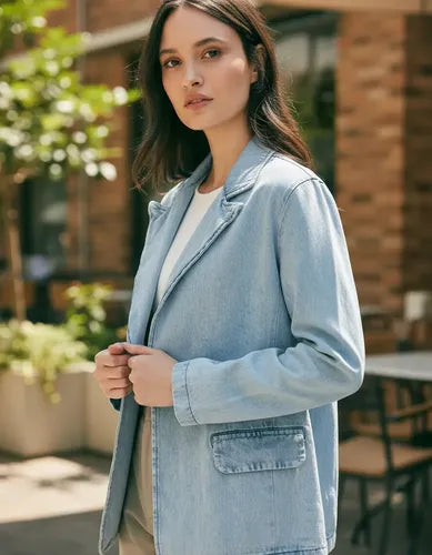 Saco Blazer De Jean Celeste Claro 2 Botón Normal L