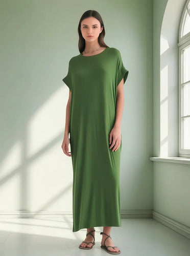 Vestido Morley Largo Con Bolsillos  Amplio Verde Liso Único