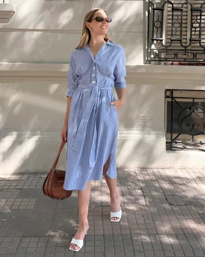 Vestido Camisero Rayado De Lino