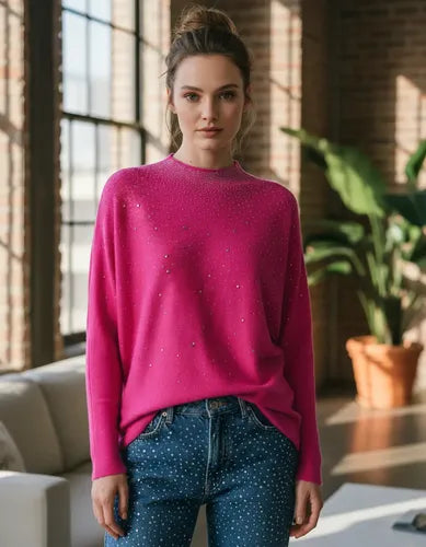 Sweater Importado Con Hotfix Fucsia Liso Único