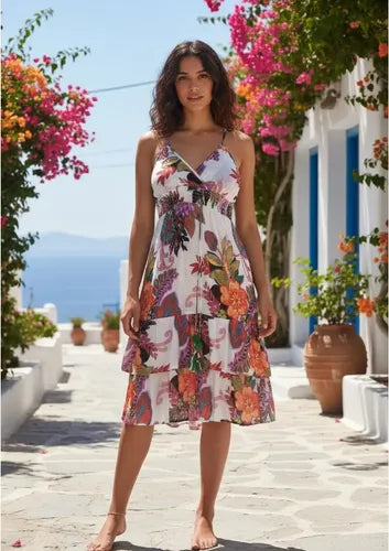 Vestido Solero India  Boho Estampado Blanco Estampado Unico