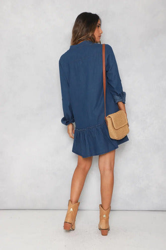 Vestido De Jean Con Volado Manga Larga Talle Grande Azul Lisa Xxl
