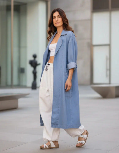 Trench Jean Tapado Denim Sobretodo Talle Grande Celeste Xxl Lisa