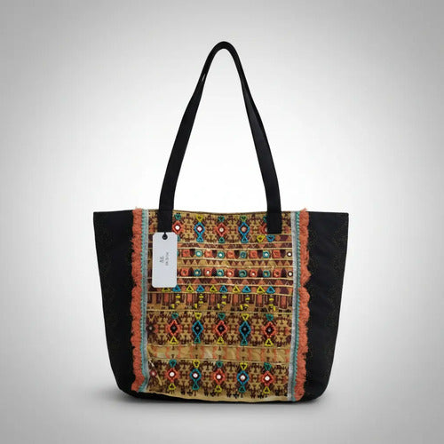 Cartera Bolso Maxi Bordado Boho Negro Bordado Bronce