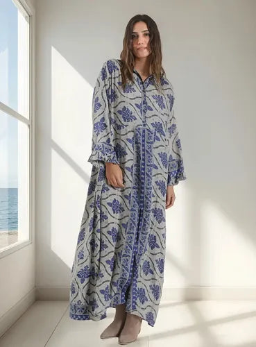 Vestido De Seda Hindú Largo Nuevo 2da Selección Gris Estampado Único