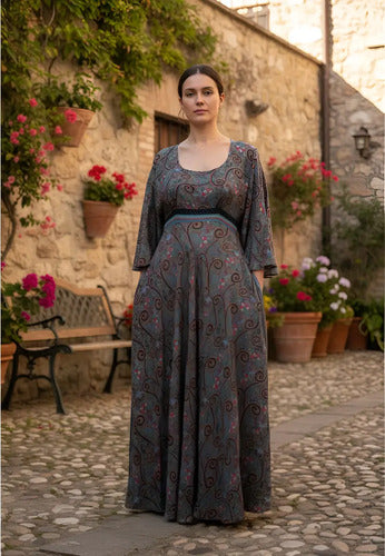 Vestido Largo Fiesta Importado Seda Hindú Amplio Gris Estampado Único
